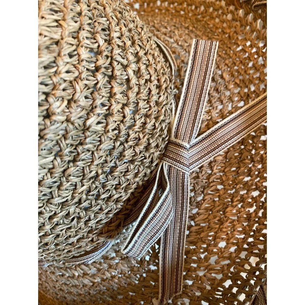 Natural Straw Hat Neutral Striped‎ Ribbon Detail One Size